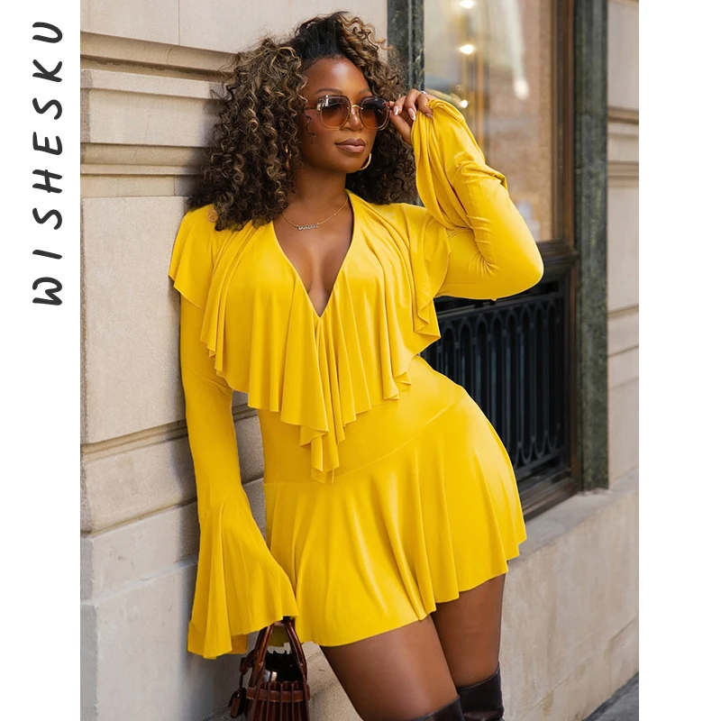Sexy Deep V Cut Out Ruffle Bodycon Mini Dress Women Flare Long Sleeve Casual Party Vestido 2025 Fall Night Prom Y2K Clothes