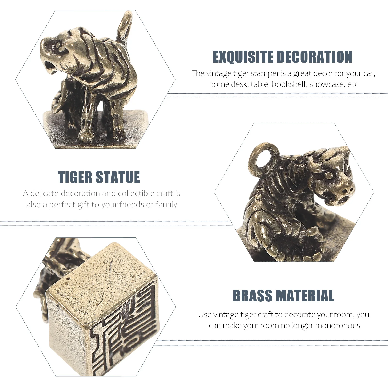 

4pcs Seal Keychain Pendant Vintage Brass Statue Desktop Ornament Retro Tiger Chinese Zodiac Animal Decorative Craft Home Office