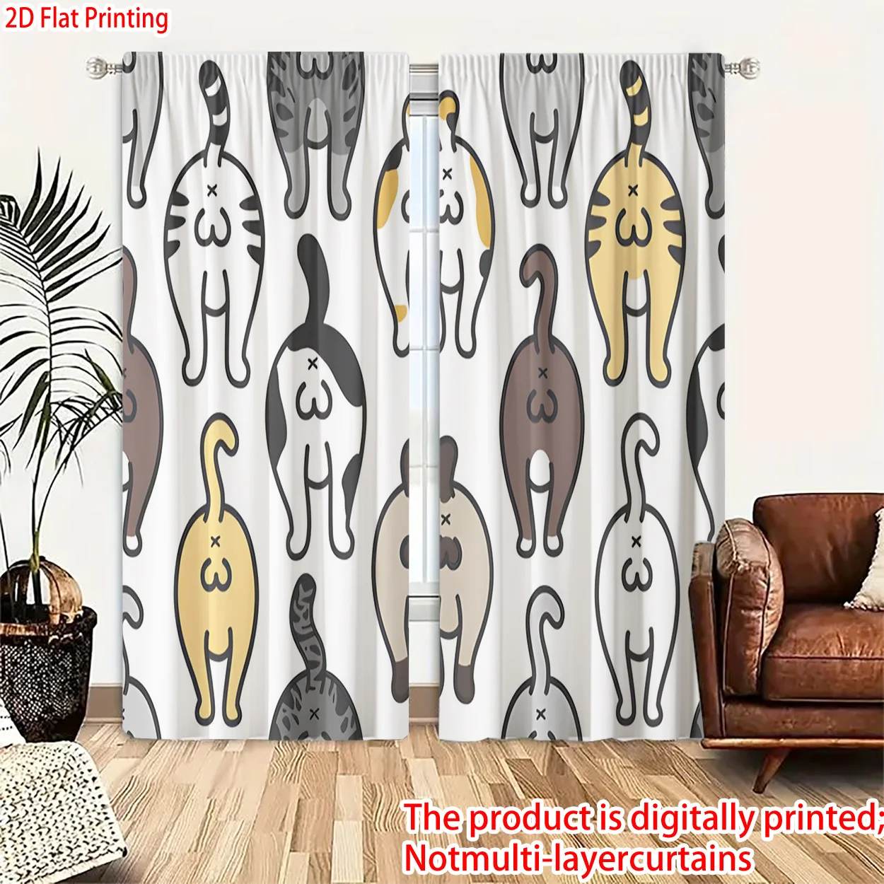 Cute Cat Back View Print Light Filtering Rod Pocket Window Curtains, Decorative 2-Panel Set for Bedroom and Living Room Decor