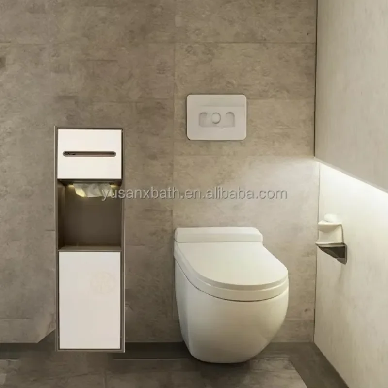 Built in 304 Stainless Steel Toilet Paper Trash Can Wall Rimless Niche  Secret Storage Hidden Storage Shelf with LED Light