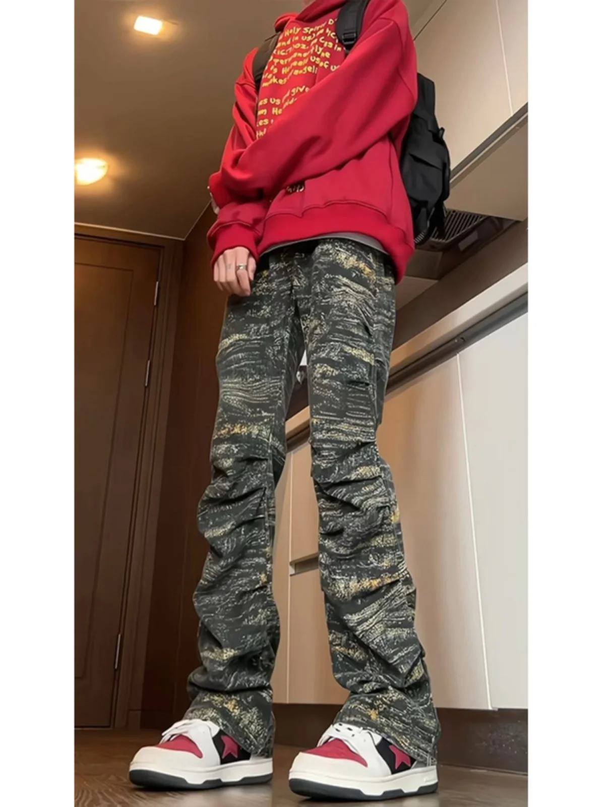 

American High Street Vibe Camouflage Pleated Men's Straight Leg Jeans Workwear Slimming Long Trousers Youth Faion