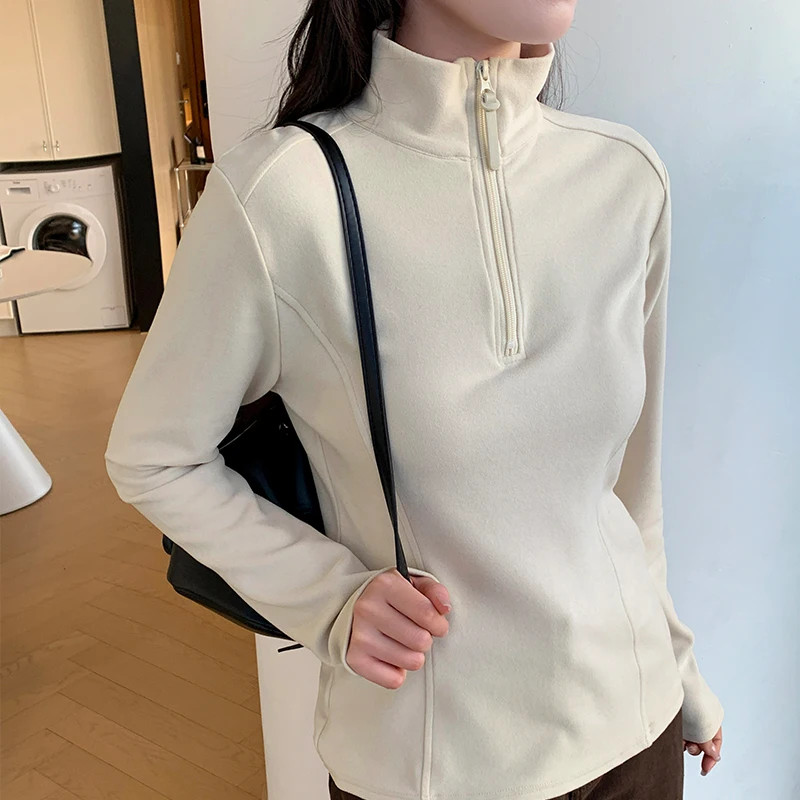 Camisa base feminina veludo alemão macio glutinoso meio zíper gola fosco veludo quente manga longa t camisa