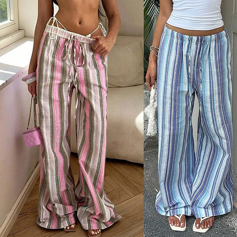 Pantalones Anchos con Cordón y Cintura Elástica a Rayas, Estilo Jumpsuit, Holgados, Casuales, de Playa, Tipo Palazzo