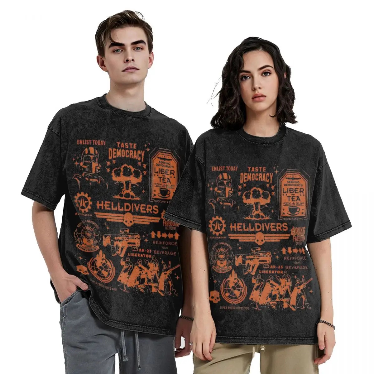 Helldivers 2 Skull Liber-tea Merch Washed T Shirt Men Women Streetwear Hip Hop T-Shirts Spread Democracy Tees Tops Short Sleeve