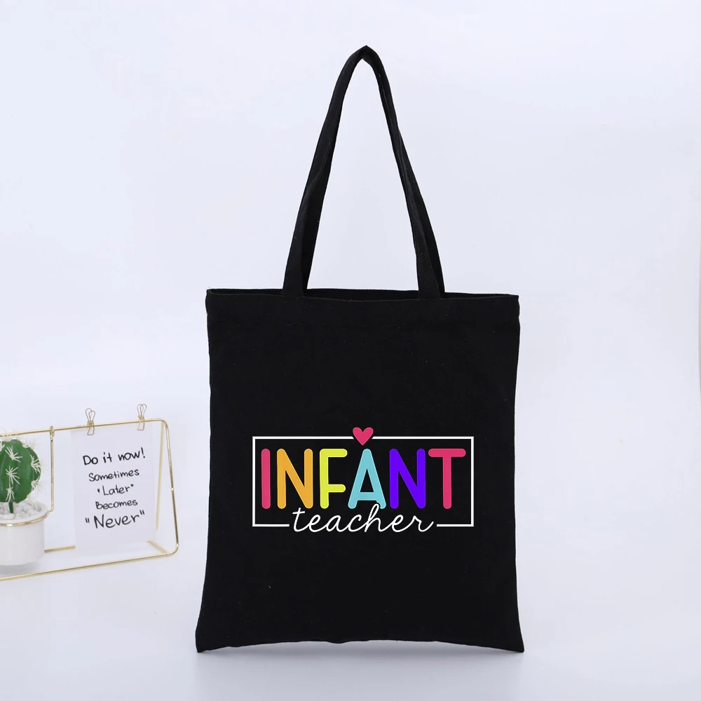 Infant Teacher's Typography Print Black Canvas Tote Bag, Casual Style for Daily Use