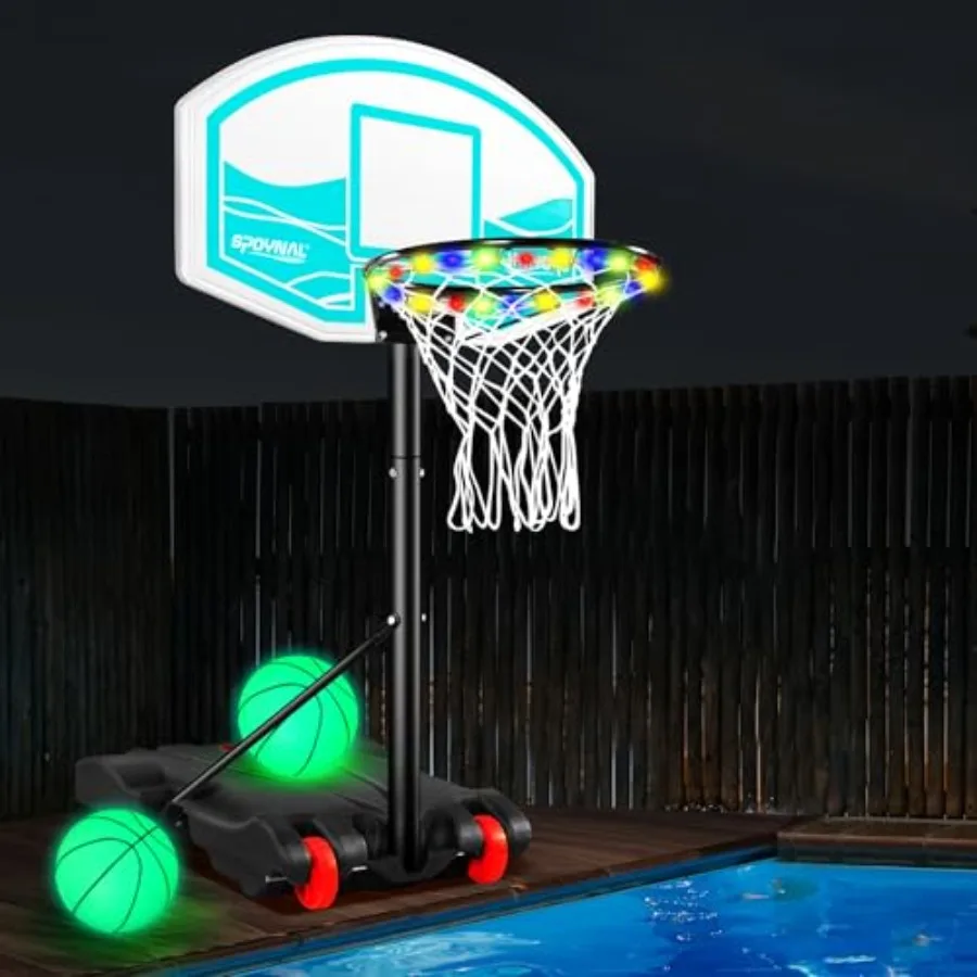 Pool basketball hoop for outdoor swimming pools durable ABS plastic blue and white 7-height adjustable with LED light includes