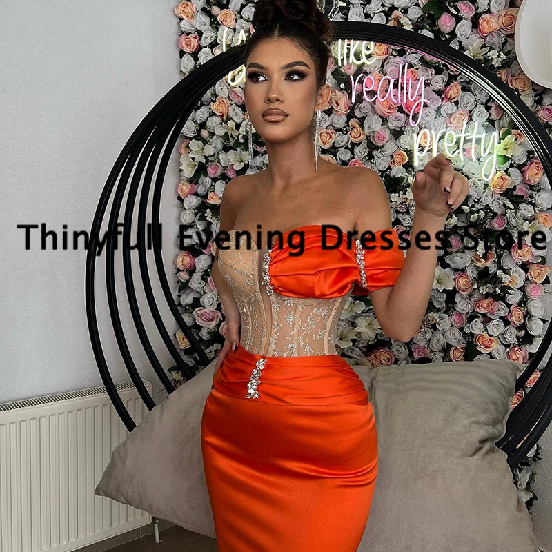 Thinyfull 2023 Orange Mermaid Prom Dresses Beadings Satin Evening Dress Formal Floor Length Cocktail Party Prom Gowns Plus Size