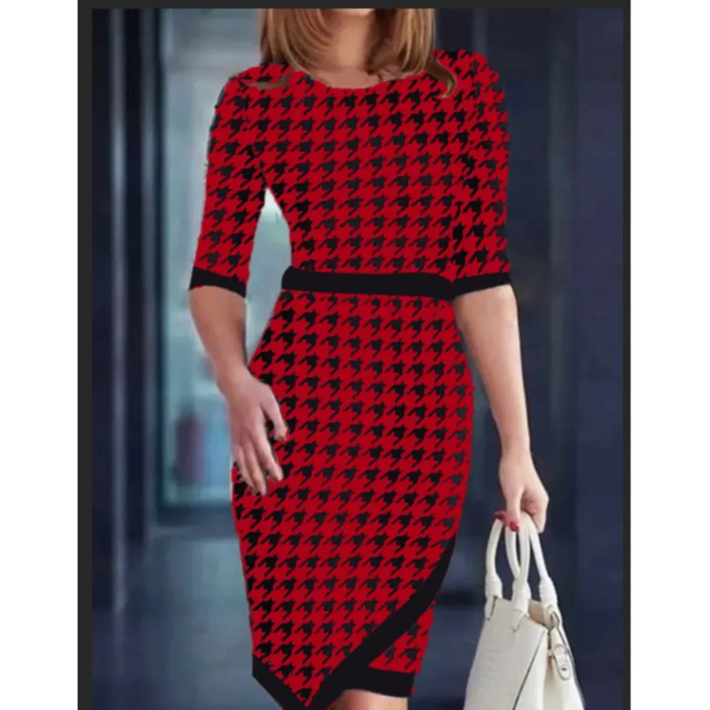 

2024 Spring Sexy Sheath Midi Dress Women O-Neck Half Sleeve Bag Hip Vestidos Houndstooth Panelled Office Ladies Elegant Dresses