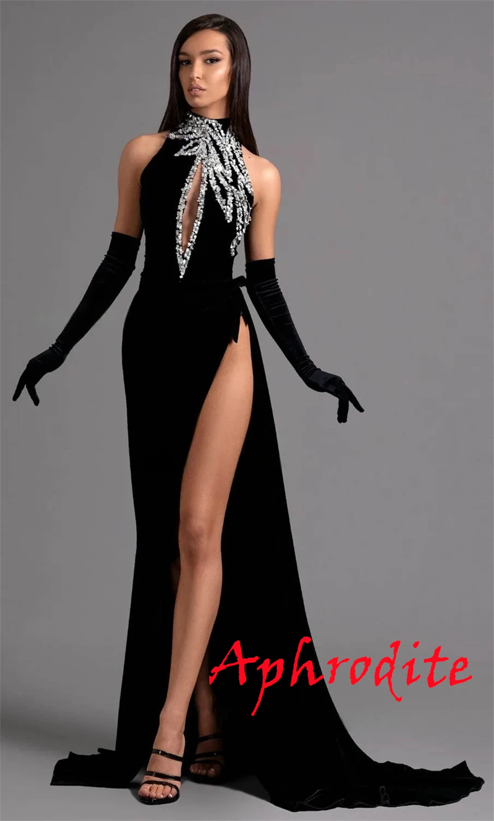 Vestido de noche de terciopelo negro personalizado, elegante, cuello redondo, manga desmontable, media manga, vestido de graduación con cremallera en la espalda, vestidos de celebridades