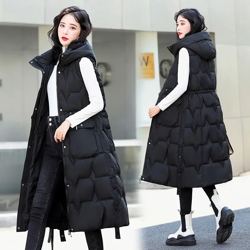 2023 Autumn Winter Long Hooded Cotton Vests Womens Warm Sleeveless Waistcoat Female Casual Solid Puffer Parkas Woman Jacket Coat