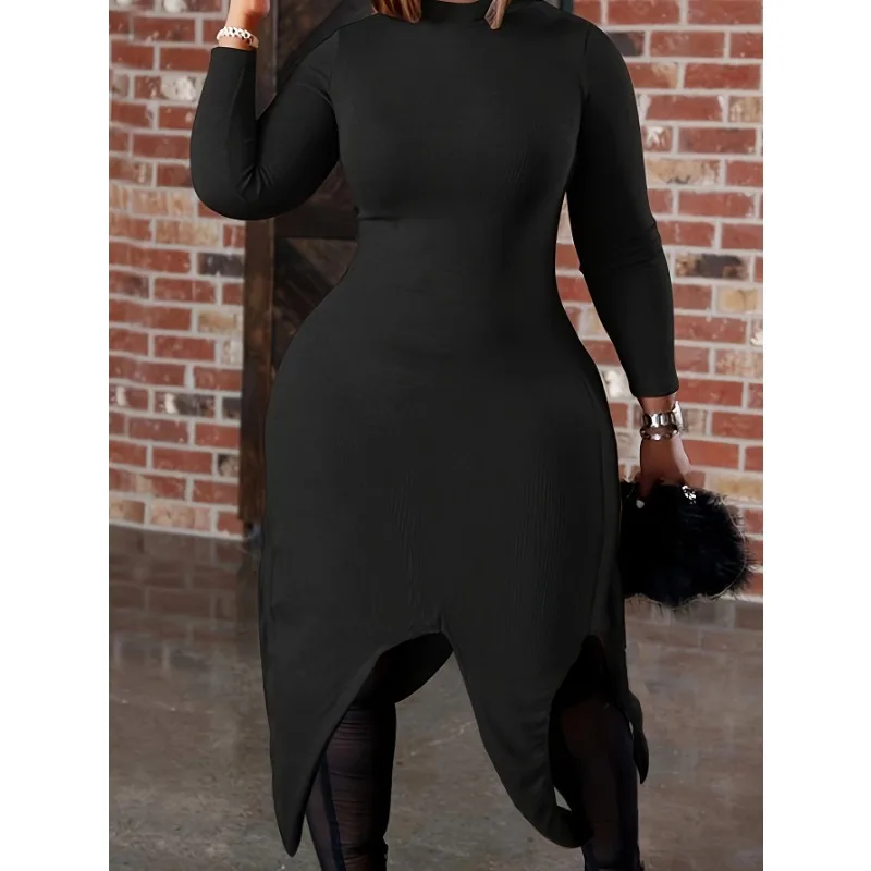 

Women's Long Sleeve Ribbed Knit Irregular Slit Dress