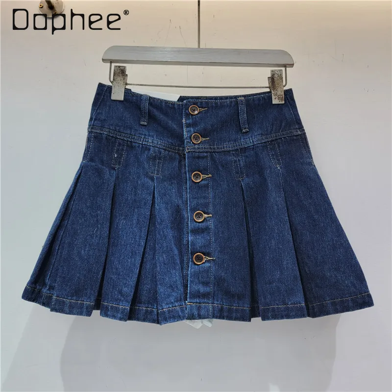 

Women Single-breasted Denim Pleated Skirt Blue Minimalism High Waist Mini Skirts Basics Casual All-match Solid Summer Trend