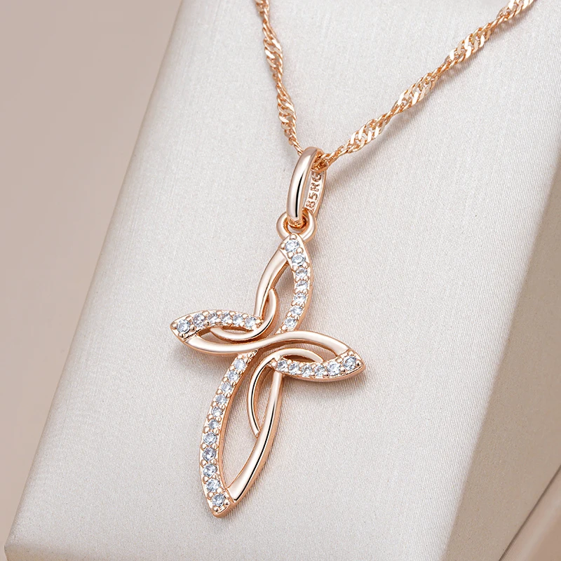 Kinel Luxury 585 Rose Gold Color Cross Pendant Necklace For Women Men Orthodox Church Jesus Glossy Charm Daily Fine Jewelry