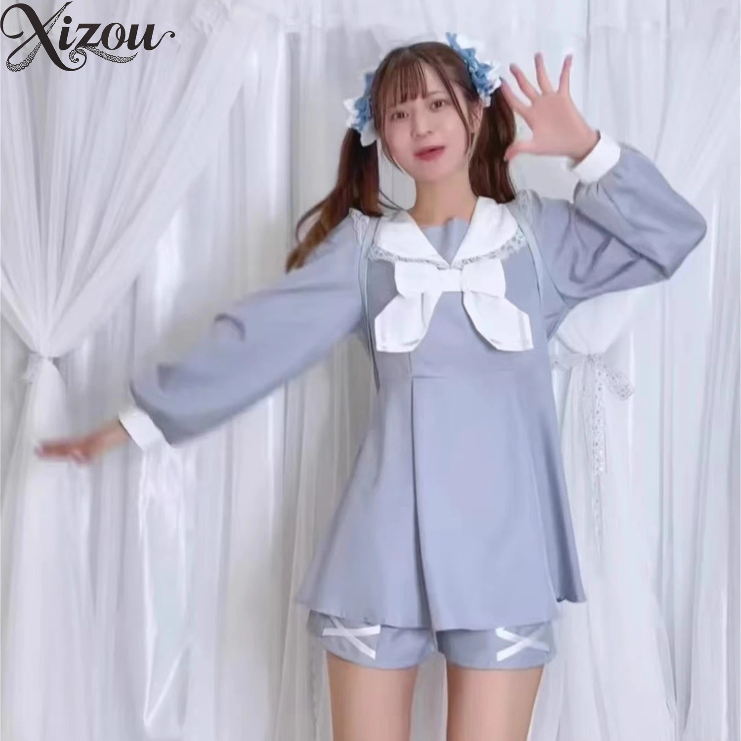 Japanische süße Lolita Matrosenkragen Spitzenbesatz Schleife Kleid Shorts Set Langarm Kawaii Frauen zweiteilige Outfits Y2k JK Anzug