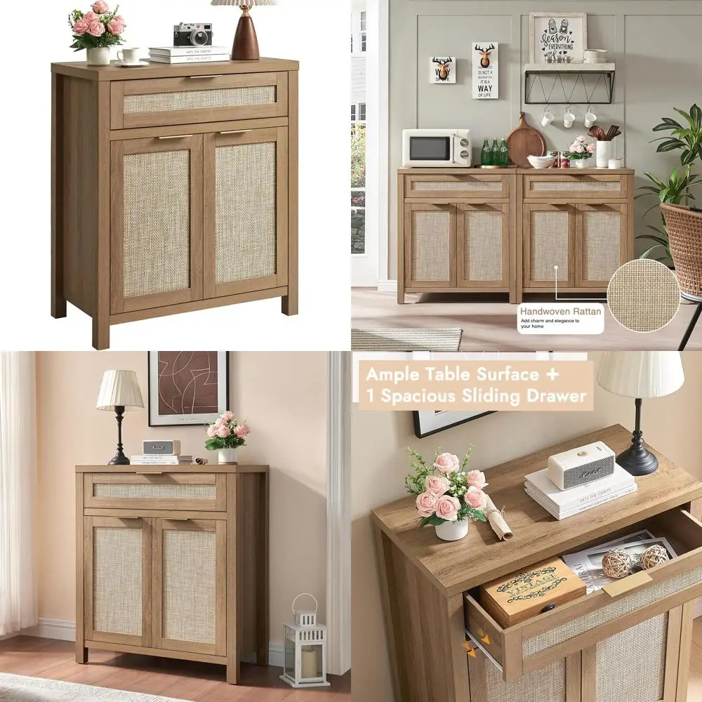 Farmhouse Style Rattan Buffet Cabinet with Adjustable Shelf and Doors for Bohemian Storage and Coffee Bar