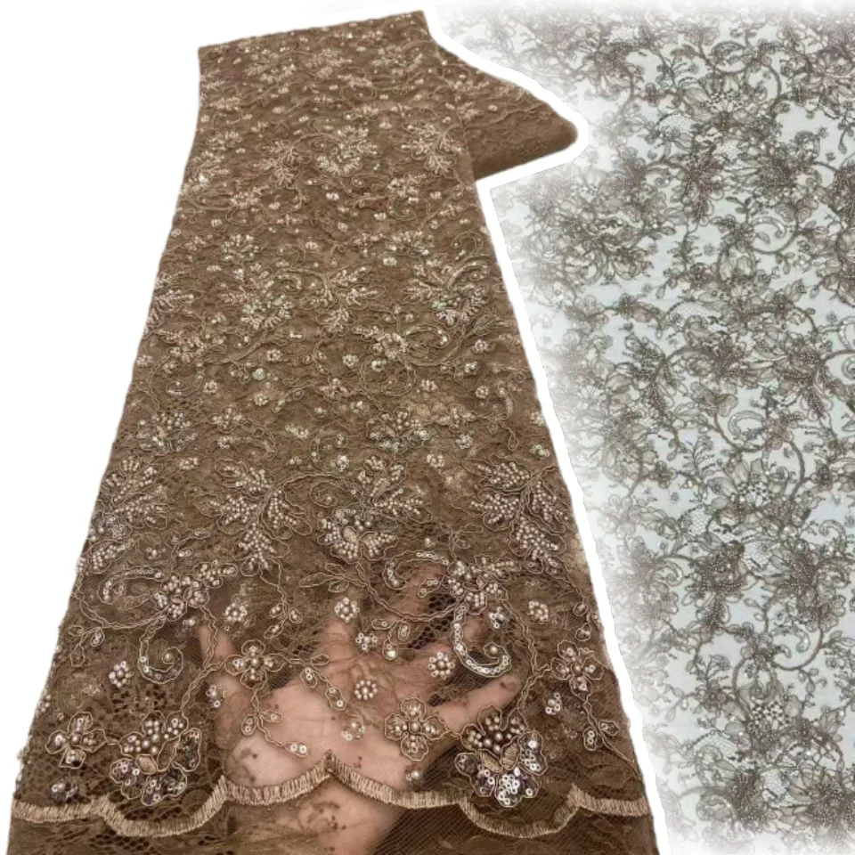 

Brown 2026 Luxury Beaded Lace Fabric Premium French Nigerian Sequins Lace Fabric Ideal for Wedding Dresses and Party Gows CC2125