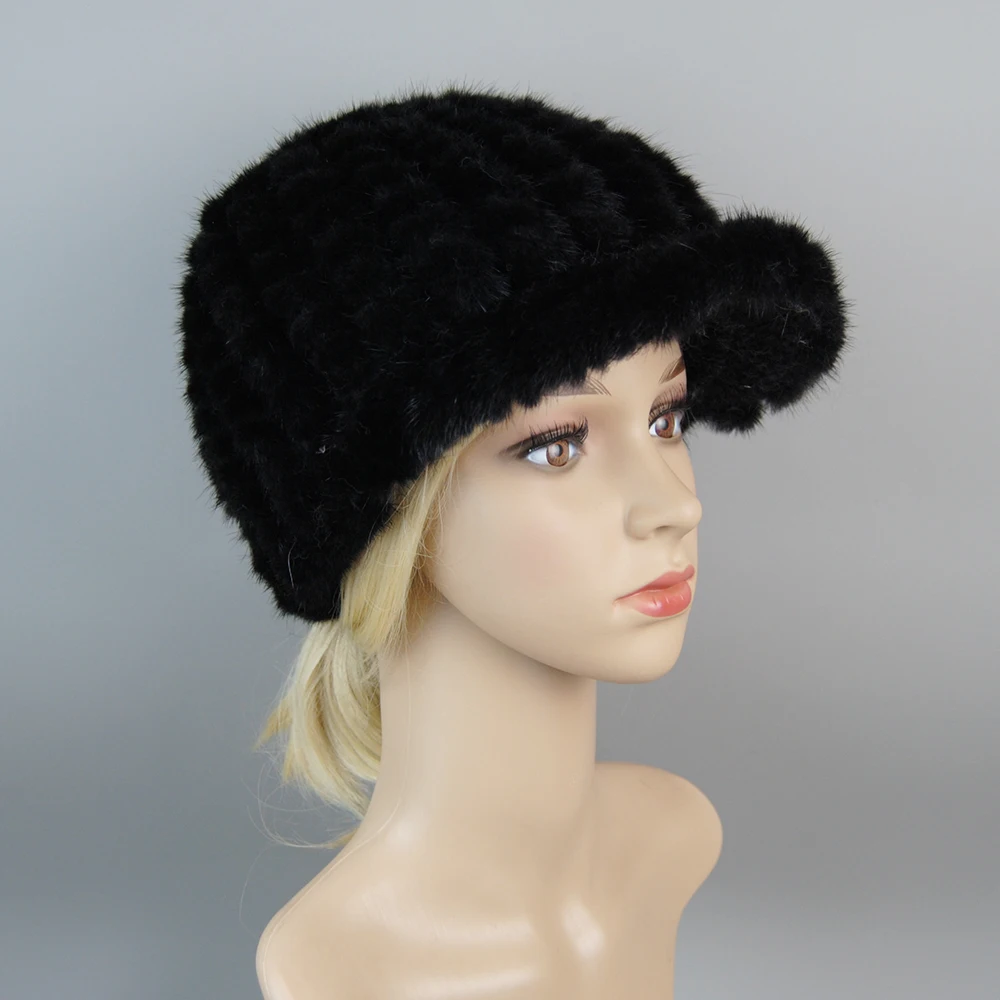 2024 Real Fur Cap Knitted Natural Mink Fur Cap For Women Winter Avoid Wind And Snow Good Quality Female Mink Peaked Cap Ear Warm