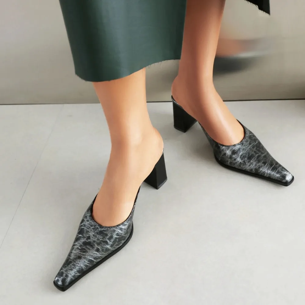

Women Chunky Heel Slipper Pointed Toe Mules Shoes High Heeled Slides Pumps Sandals