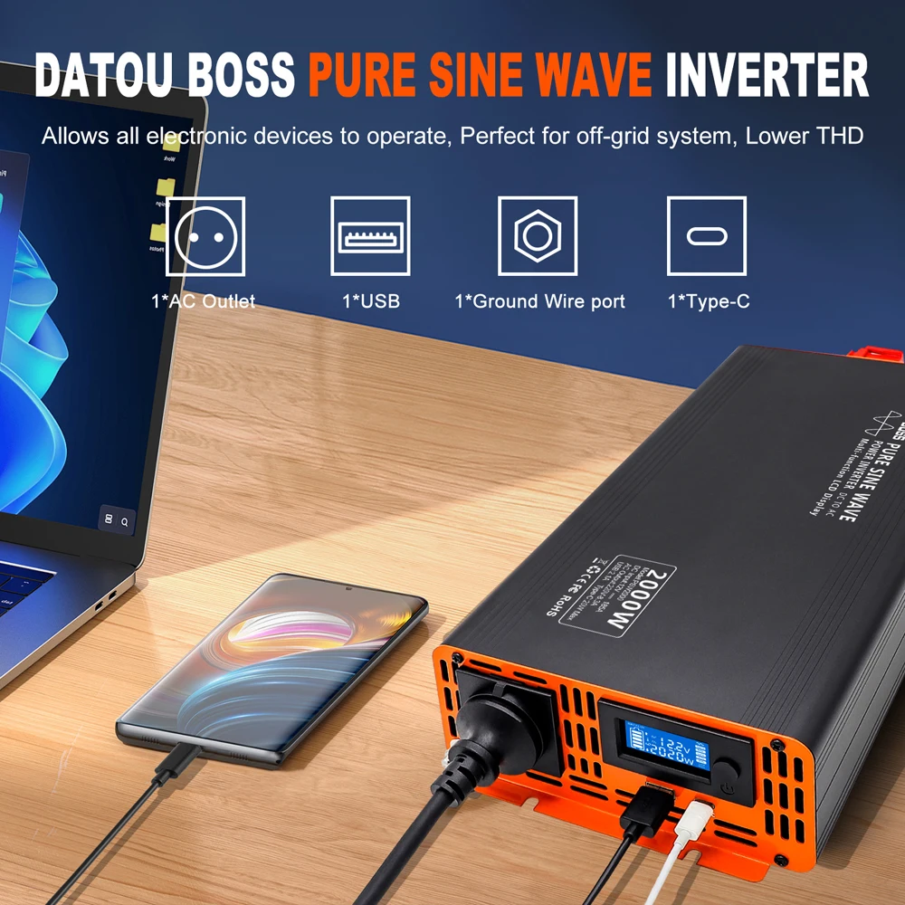 DATOUBOSS 2000W Wechselrichter DC 12V/24V/36V Reiner Sinus-Wechselstrom AC 220V Stromwandler für Zuhause, LKW und Auto mit USB Typ C LCD – Detail 2