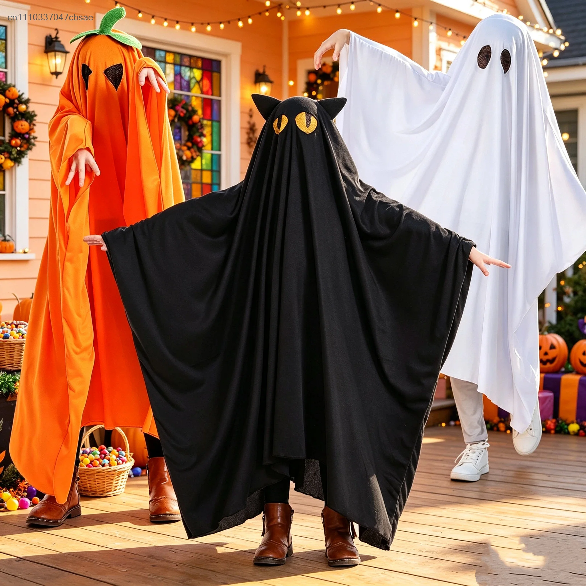 Enfant Halloween Ghost Costume Soft Loose Hooded Robe Cute Pumpkin Black Cat Ghost Cloak Funny Scary Party Cosplay Outfit 2026