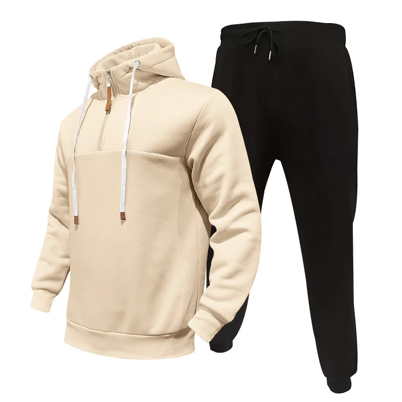 

2025 Autumn Winter New Hooded Half Zipper Drawstring Thickened Sweatshirt Pants Set Men Loose Casual