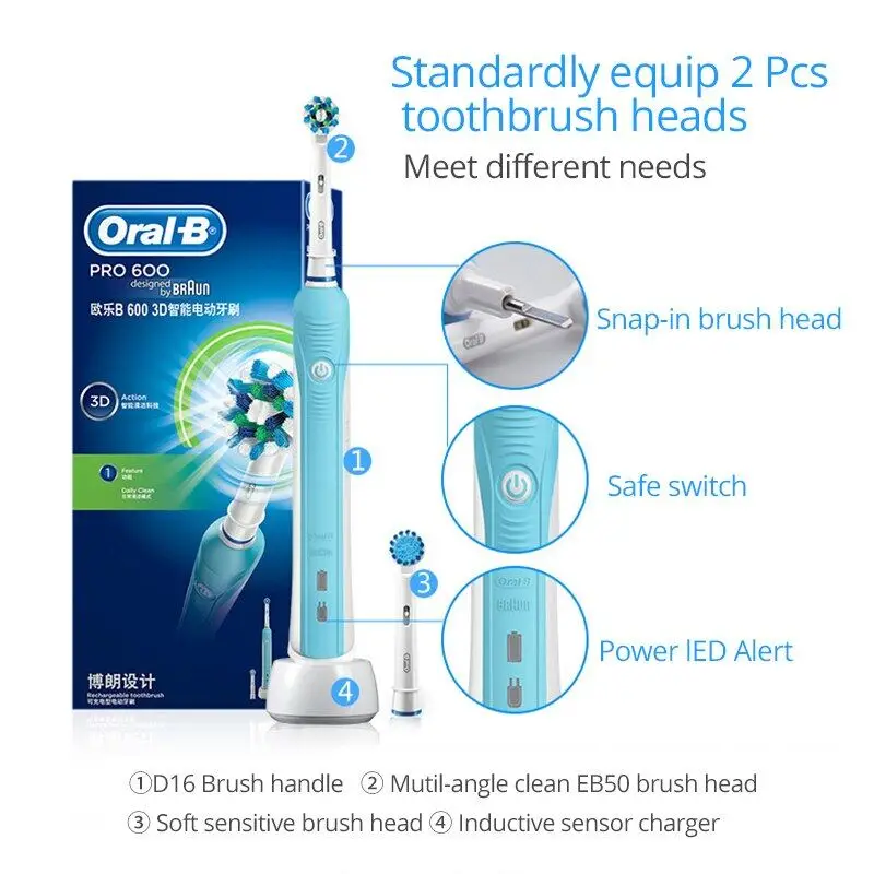 Oral B Pro 600 Electric Toothbrush 3D Deep Clean Teeth Whitening Automatic Timer Rechargeable Tooth Brush Replacement Brush Head