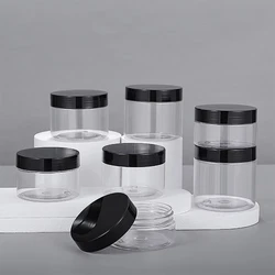 12pcs 50ml 100ml 150ml 200ml 250ml Empty Cosmetic Cream Jar with Black Lid Clear Plastic Storage Container PET Makeup Pot Travel