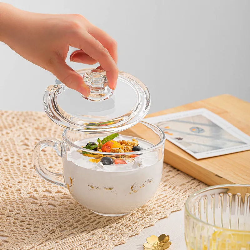Heat-resistant Glass Cup with Lid and Spoon,Large Capacity,Office Bubble Tea,Oatmeal Coffee, Breakfast Milk Cup, Lead-free Craft