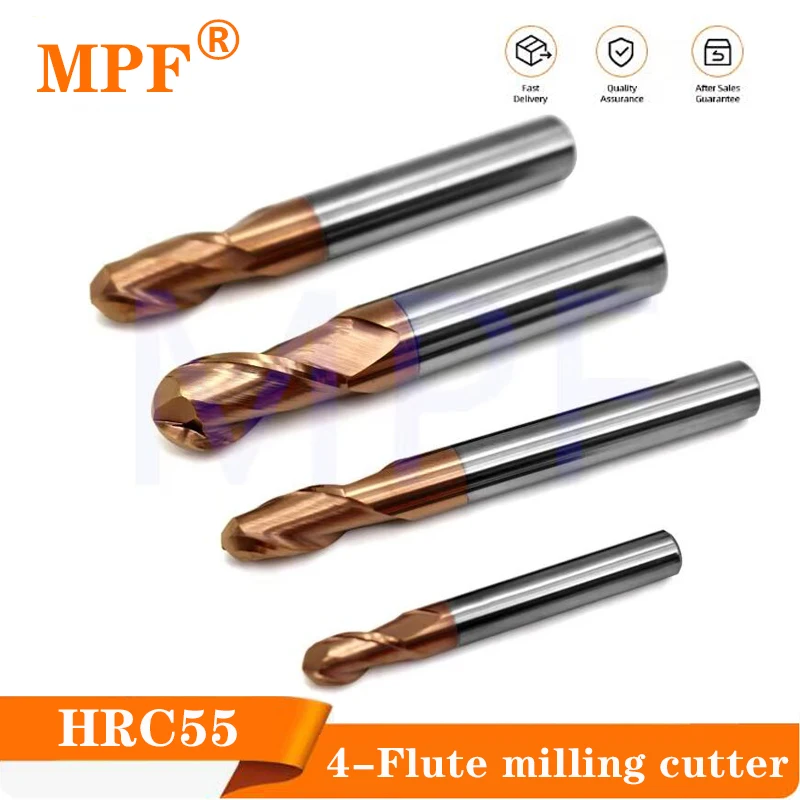 

HRC55 2-зубая фреза из карбида вольфрамовой стали, сферическая концевая фреза для механической обработки металлов с ЧПУ, концевые фрезы, инструменты