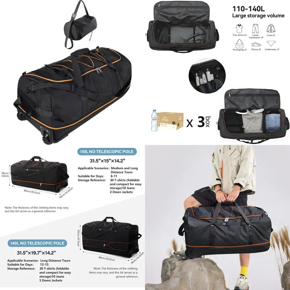 

Расширяемая дорожная сумка на колесиках с мягкими стенками, 110–140 л, 2 колеса, Оксфорд 32 x 1680D, черно-оранжевый