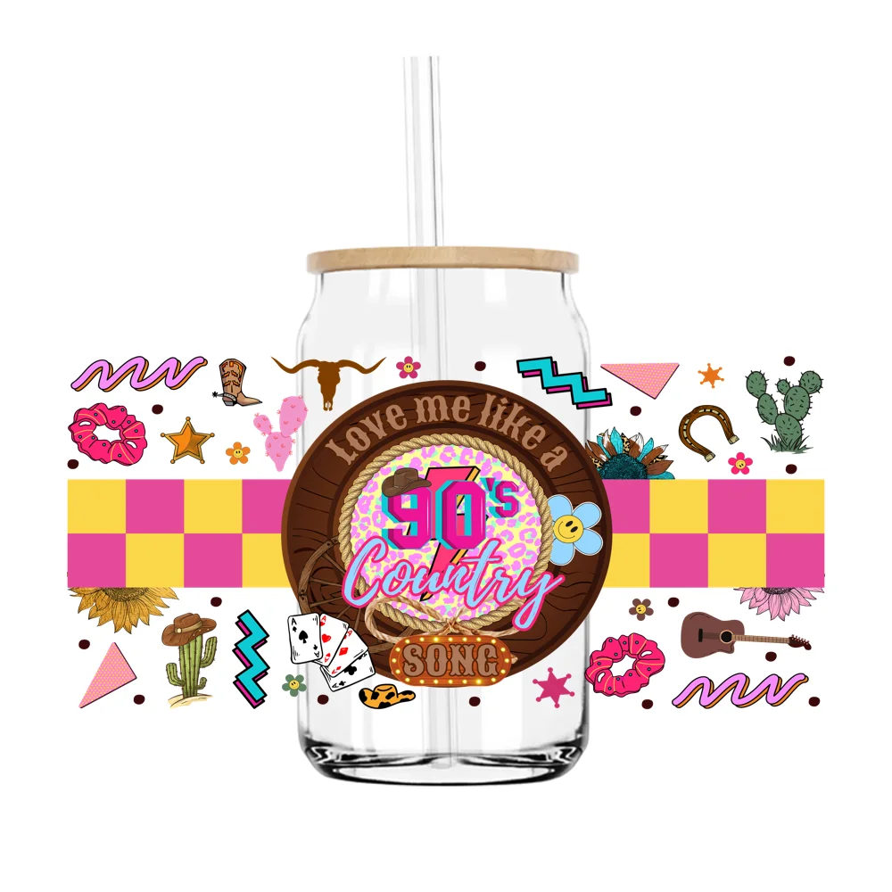 

Western 90's Country Song 16OZ UV DTF Cup Wrap Transfers Stickers Custom Labels DIY Durable Waterproof Logo For Libbey Glass Can