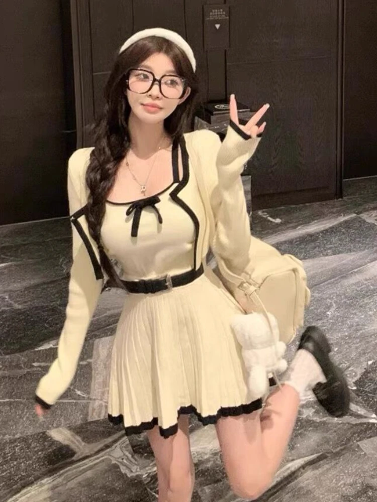 Cute Autumn Elegant Knitted 3 Piece Set Woman Solid Korea Fashion Suit Casual Vest + Short Cardigan + Slim Mini Skirt Bow Design