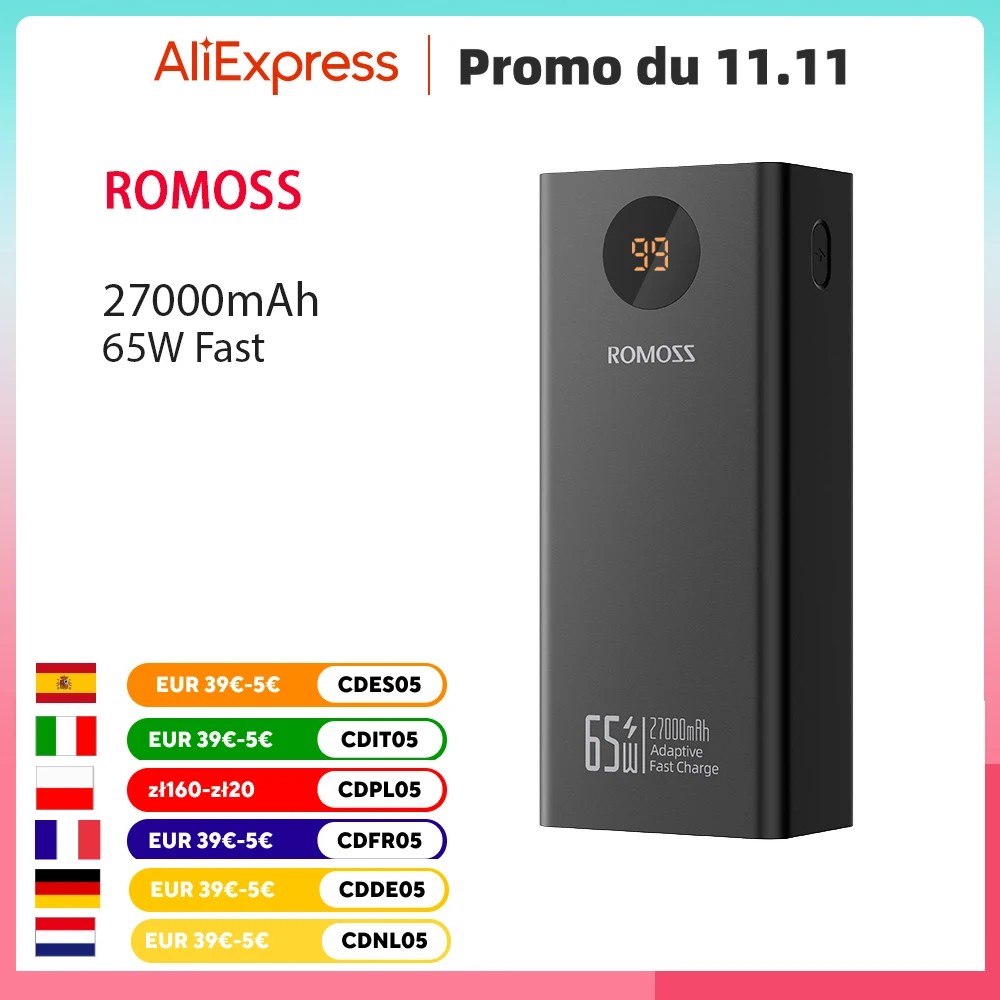 Romoss Power Banks 27000mAh 65W Fast Charge Laptop Portable Charger Powerbank External Battery For iPhone 16 Xiaomi Huawei