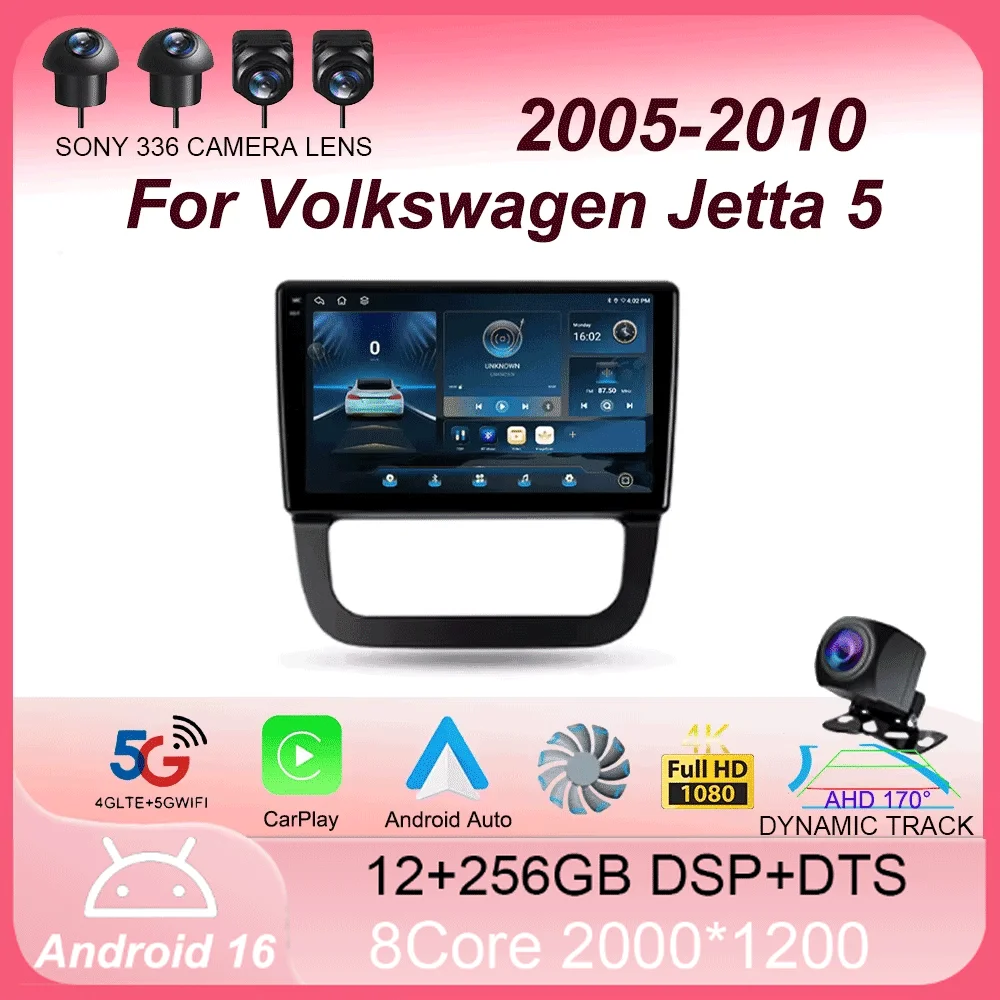 Android 16 For Volkswagen Jetta 5 2005 - 2010 Carplay Auto 4G+WIFI GPS Car Radio Navigation Multimedia Video Player Stereo BT