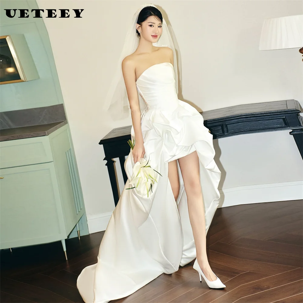 

UETEEY Customized Korea High Low Pleats Strapless A Line Wedding Dress Women Zipper Back Knee Length Bridal vestidos de novia