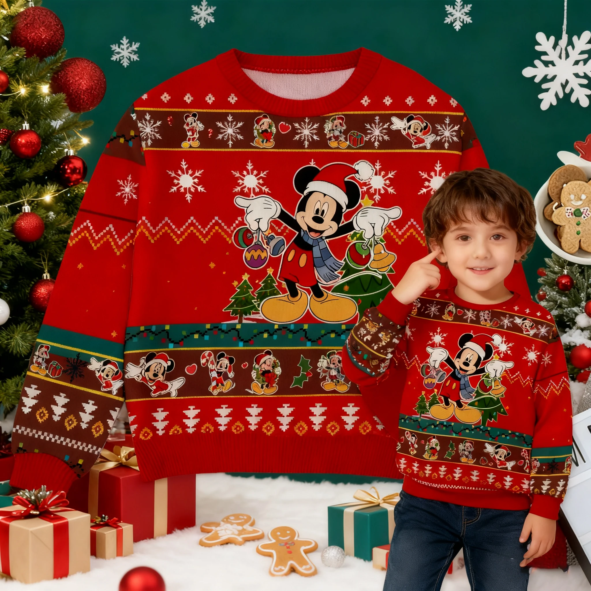 سويت شيرت لطيف للأطفال من Disney، سويت شيرت بأكمام طويلة مطبوع عليه ميكي ميني، قميص علوي لخريف وشتاء عيد الميلاد للاستخدام الداخلي والخارجي