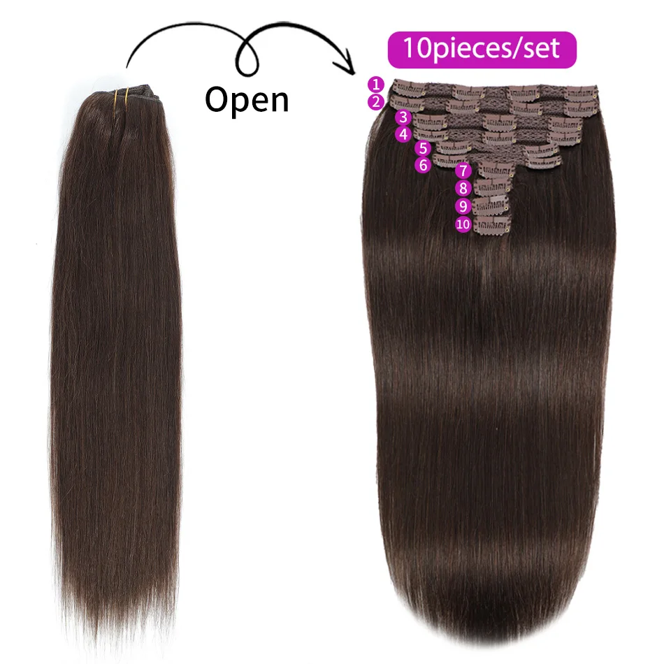 Clip In Hair Extensions 100% Remy Human Hair Dark Brown Clip On Hair Extensions Full Head 10Pcs 18-28 Inch Salon Supply view 4