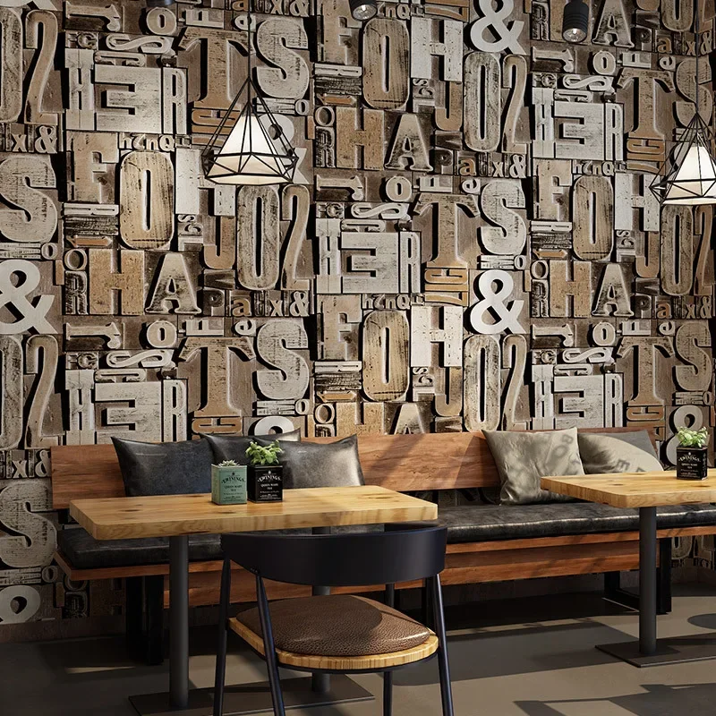 3D three-dimensional retro letters industrial wallpaper small restaurant decoration wallpaper KTV clothing store bar hotel