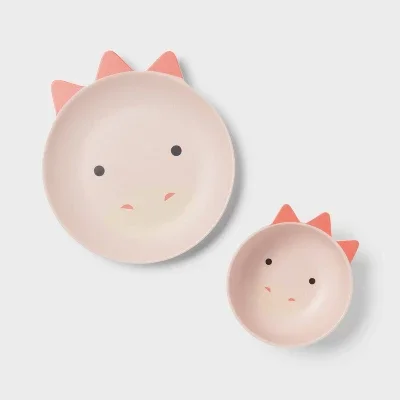 Juego de Vajilla Infantil de 2 Piezas de Bambú y Melamina con Diseño de Dinosaurios, Color Rosa - Pillowfort