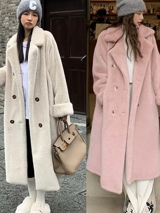 

Зимняя удлиненная хлопковая шуба с мехом для женщин, двубортная ветровка, теплая верхняя одежда, экологичная имитация норки