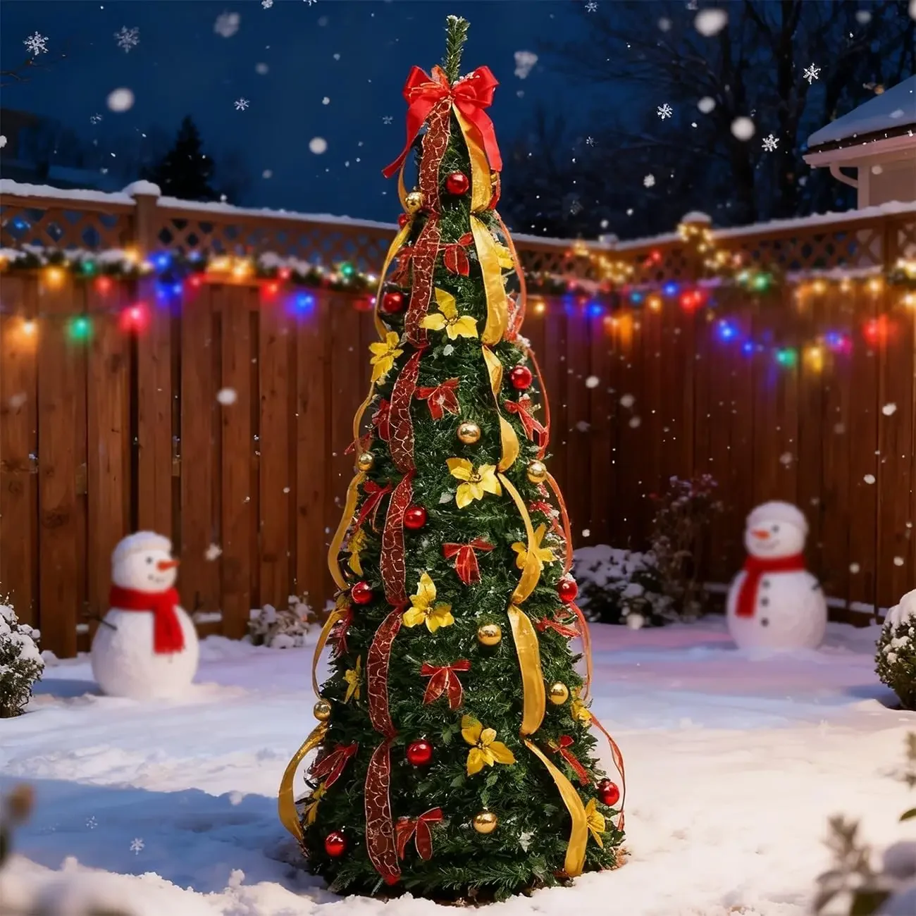 

Рождественская елка, мерцающая рождественская елка с красными и золотыми украшениями, лентами и бантами, складная искусственная рождественская елка