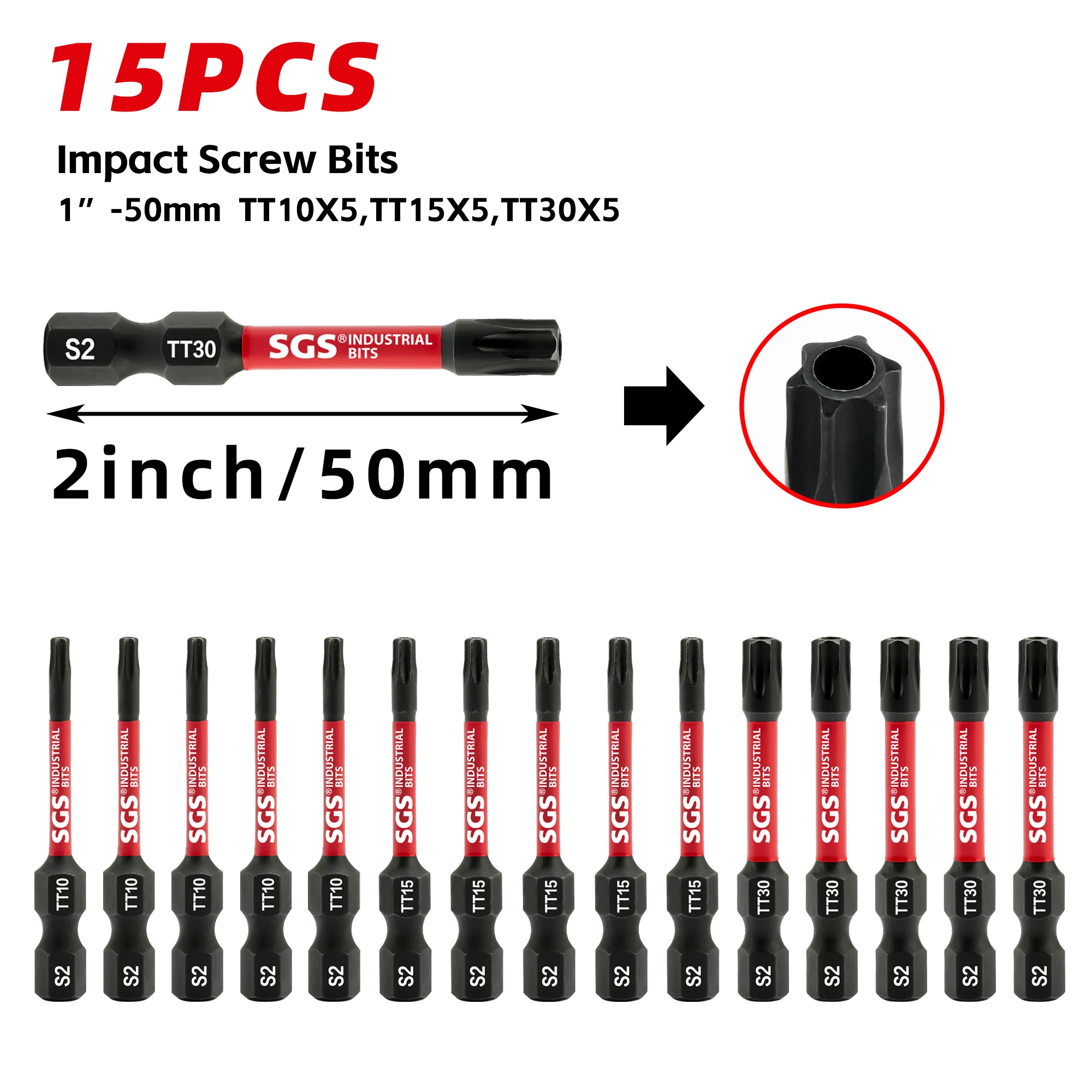15-Piece Set Tt10/Tt15/Tt30 Torx Screwdriver Bits S2 Steel 50mm Impact-Resistant with Storage Box for Home DIY / Industrial Repair Tools