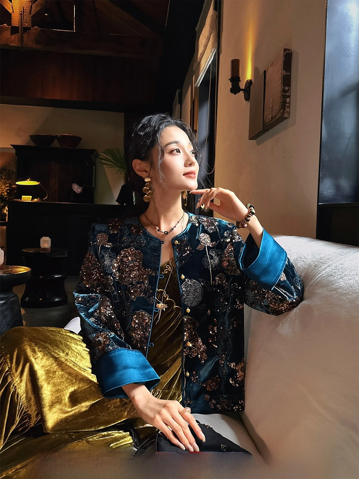 

Sanji Bla Flower Que Xian New Chinese Sle Early Autumn Outerwear Silk Velvet Top Trendy Women's ort Coat