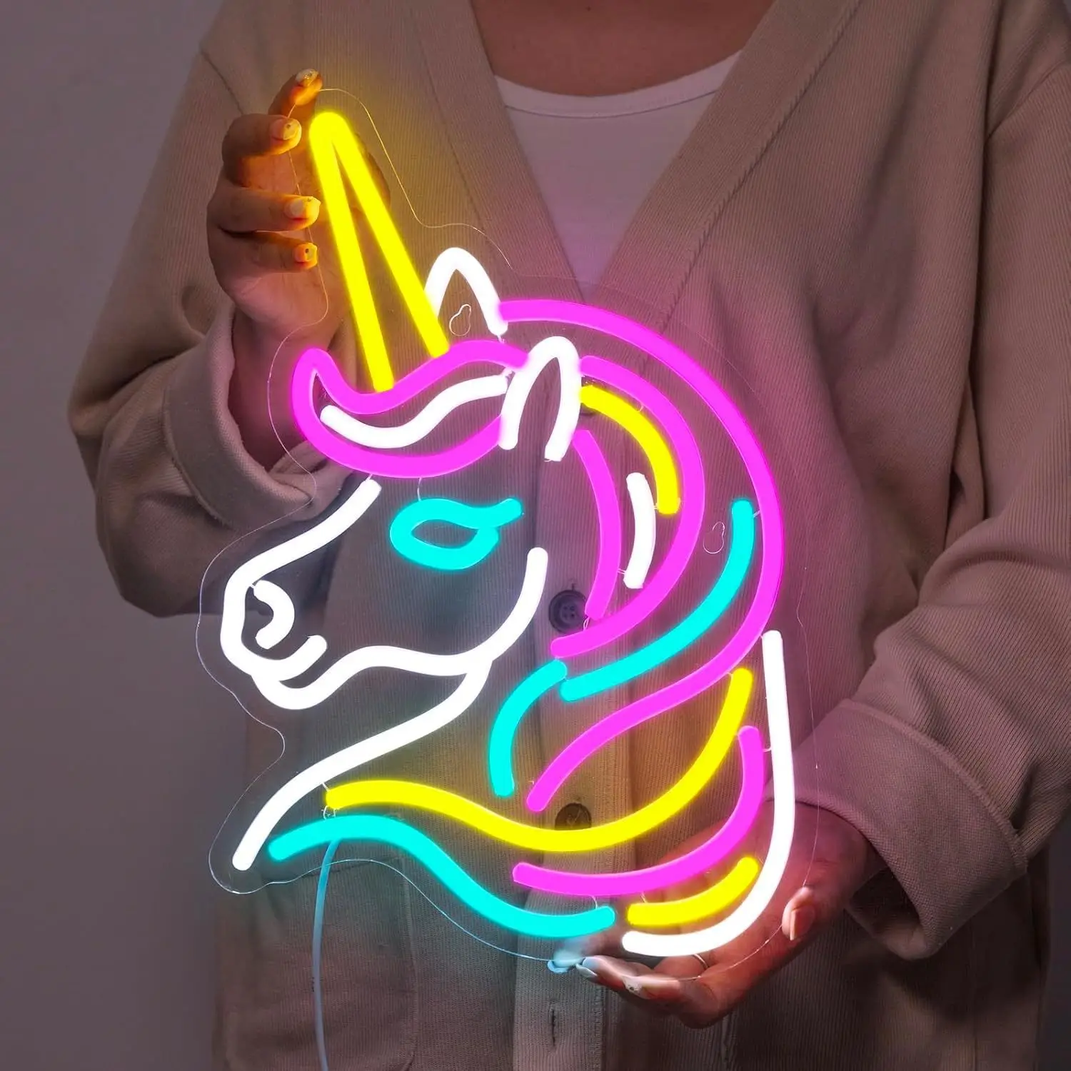 Rainbow Pony Unicorn Neon Sign, UV Printed Flexible LED Light for Bedroom Party Decor, USB Dimmable & Customizable Gift