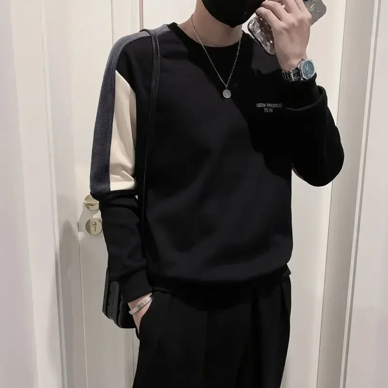 Tops Pullover Round Neck T Shirts for Men Spliced Male Clothes Baggy Embroidery Full Sleeve Fashion Trends 2024 Korean Autumn It image 5