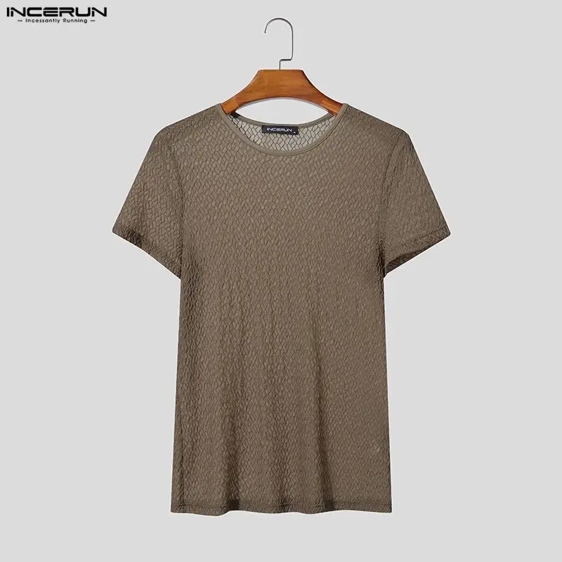 INCERUN Men's Sexy See Through Mesh Short Sleeve T-Shirt Muscle Fit Geometric Hollow Out Crew Neck Party Clubwear Top