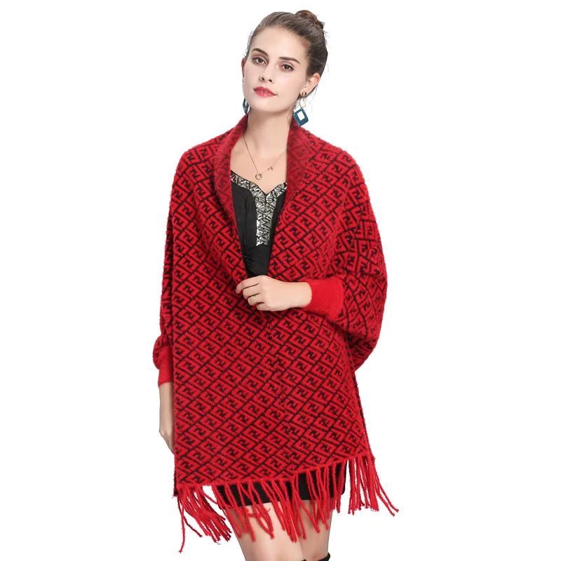 

Autumn and Winter 2022 New Imitation Mink Velvet Letter Jacquard Tassel with Sleeves Long Shawl Scarf