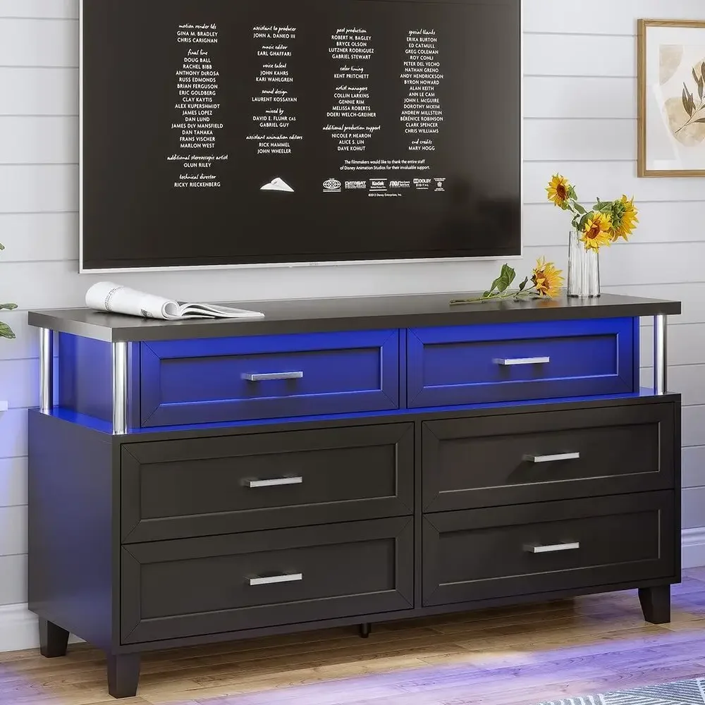 6 Drawers Dresser Double Wood Storage Dressers LED Chests of Drawers for Bedroom