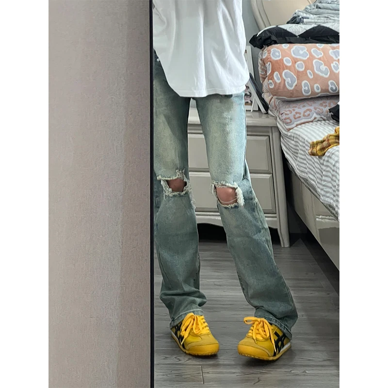 

Retro Blue Men's Denim Jeans High Street Waed Elastic Straight Leg Narrow Fit Summer Jeans Youthful Trendy Straight Cut