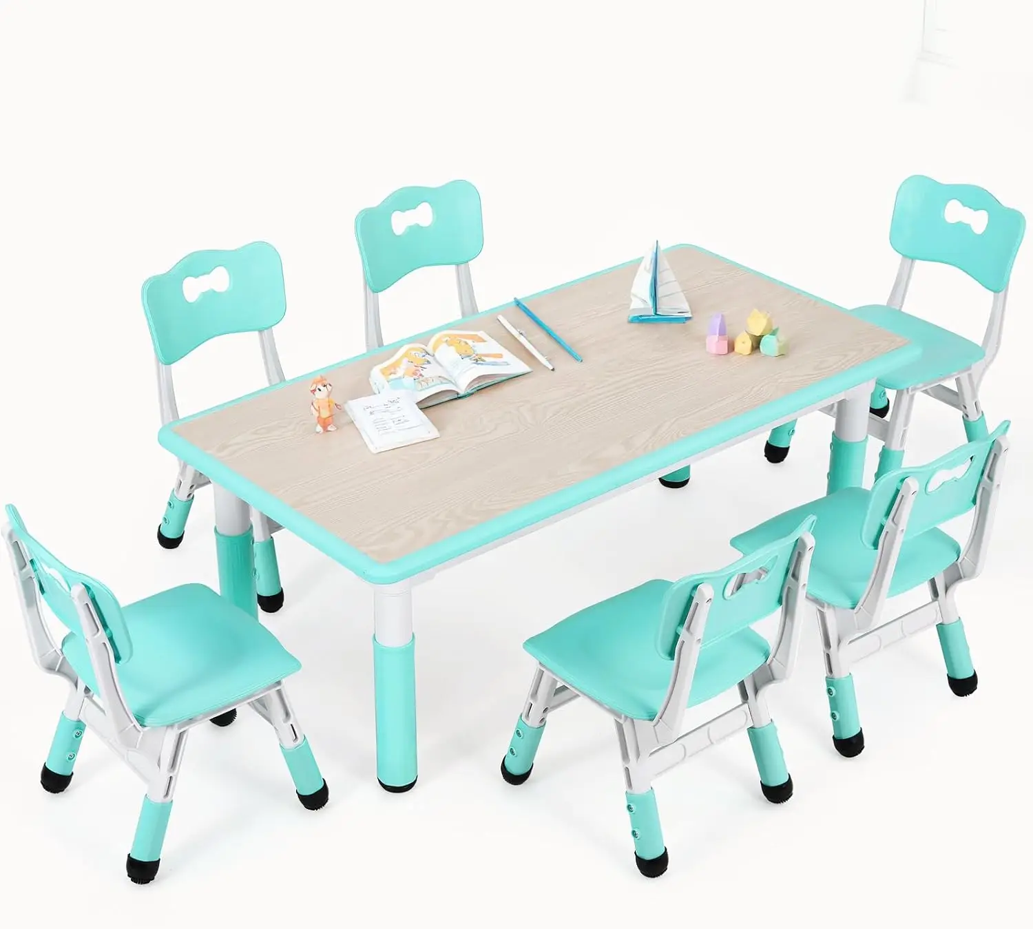 Conjunto de mesa graffiti ajustável infantil e 6 cadeiras, verde claro, para idades de 3 a 12 anos